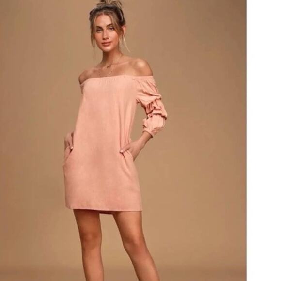 Lulu's Dresses & Skirts - LULUS Off-Shoulder Pale Peach Linen Blend Dress NEW - Size XS